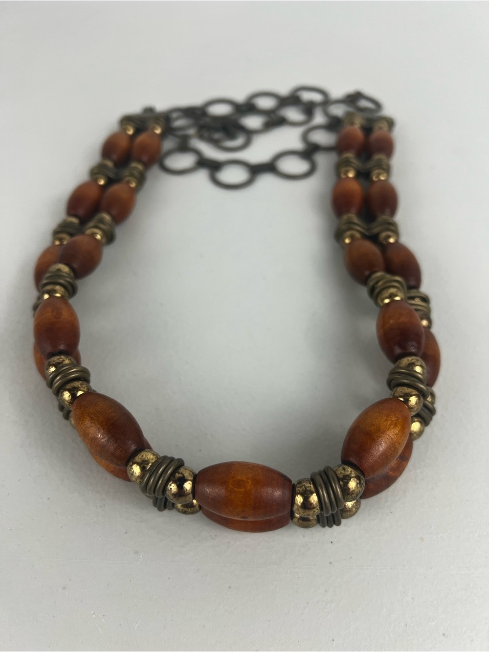 Vintage  Boho Double Strand Wood Bead Brass Tone Link Chain Belt 39 Inches